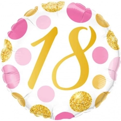 Balon foliowy Cyfra 18 Urodziny Kropki Złote i Różowe 46 cm