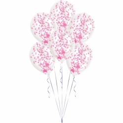 Balony transparentne z różowym konfetti 28 cm 6 szt.