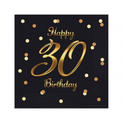 Serwetki na 30 Urodziny Happy Birthday Czarno-Złote 33x33 cm 20 szt.