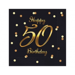 Serwetki na 50 Urodziny Happy Birthday Czarno-Złote 33x33 cm 20 szt.