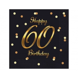 Serwetki na 60 Urodziny Happy Birthday Czarno-Złote 33x33 cm 20 szt.