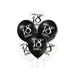 Balony z nadrukiem Cyfra 18 Urodziny Białe i Czarne 30 cm 6 szt.
