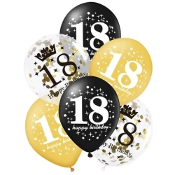 Balony na 18 Urodziny czarne złote z konfetti 6 szt. 30 cm